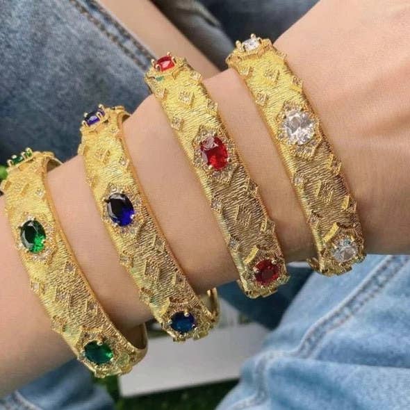 Zirconite satin gold open Jeweled Bangle Bracelet. 835B100 for wholesale by Diamond Veneer Travel Jewelry