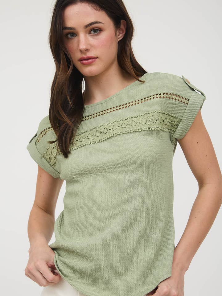 Blu Pepper - Wholesale Knit top – Women's - SHORT TAB SLEEVE LACE TRIM CRINKLE KNIT BLOUSE30