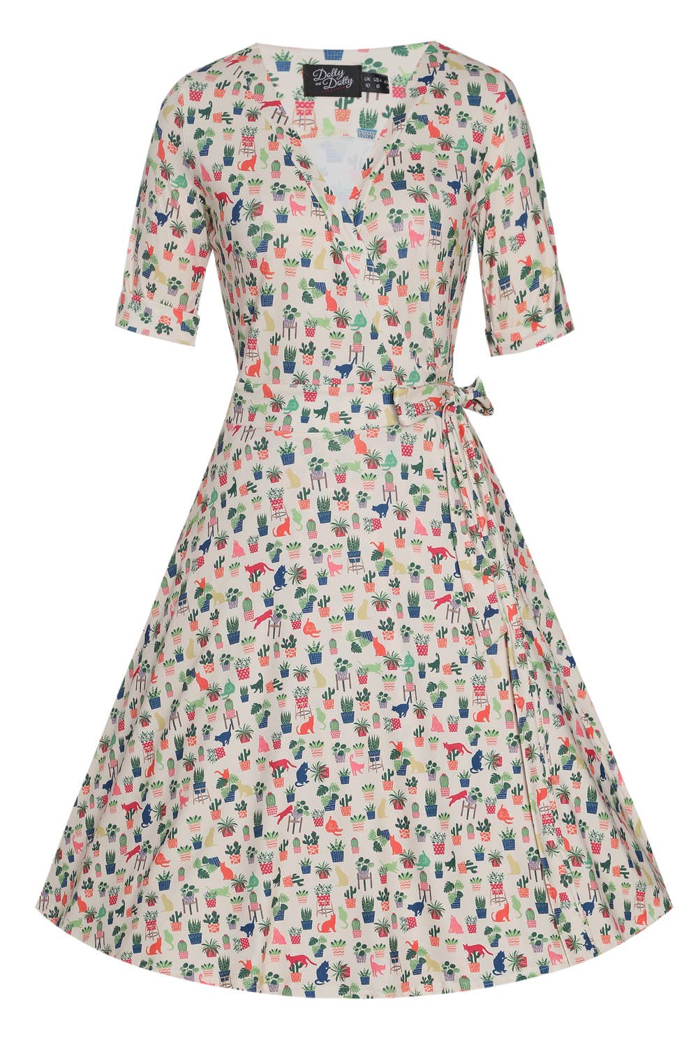 Dolly & Dotty - Vente Robe – femme - Robe portefeuille vintage inspirée des chats et des plantes en tricot crème Matilda0