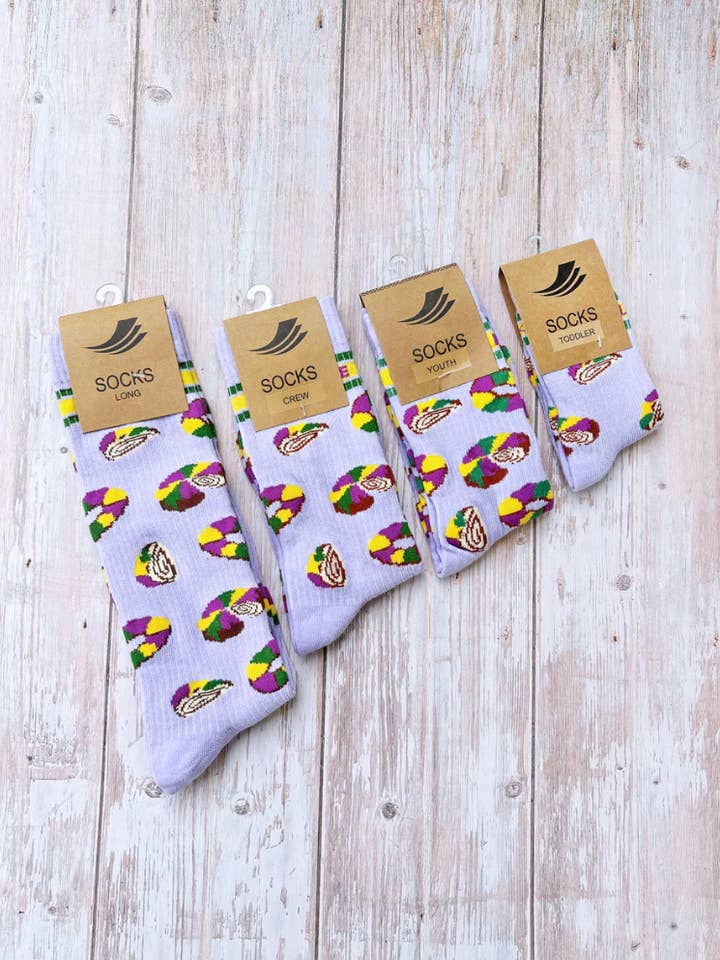 Mardi Gras Creations - Wholesale Socks - Unisex - Lavender Let Them Eat King Cake Ribbed Socks (Adult & Youth)4
