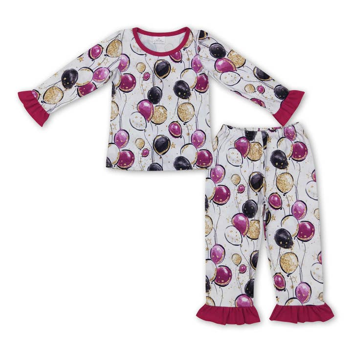 Happy new year balloon purple ruffle girls pajamas for wholesale by Yawoo Garments