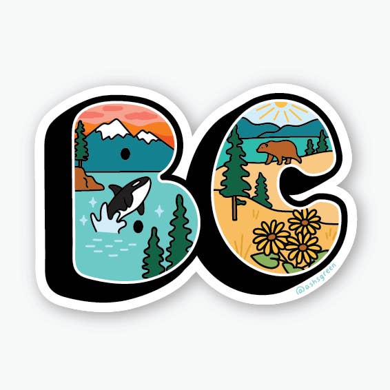 'BC' - British Columbia retro postcard style sticker for wholesale by Ashleigh Green Studios