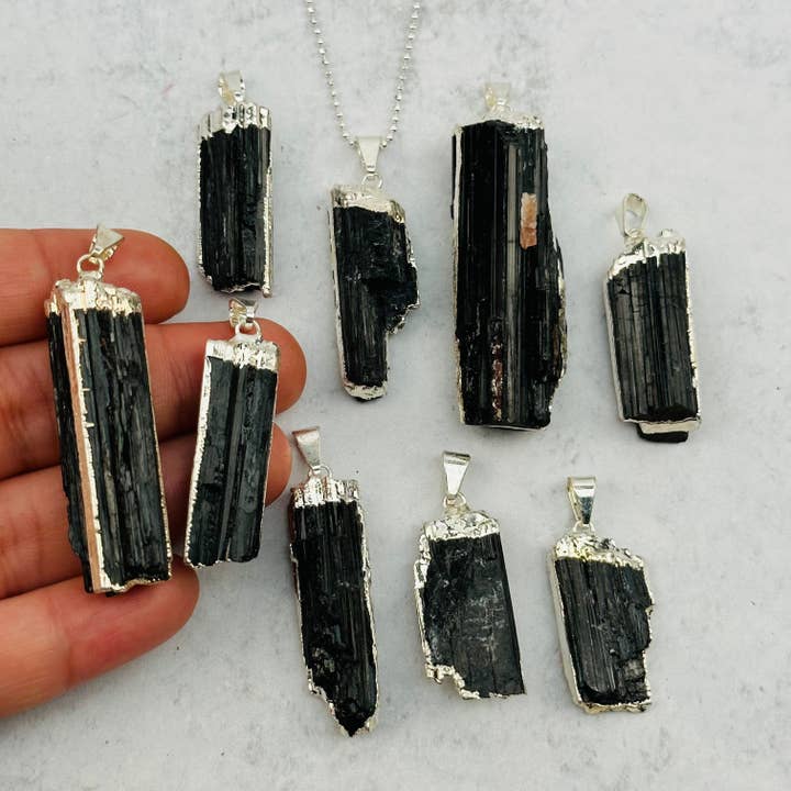 Black Tourmaline Crystal Pendant with Electroplated Silver E for wholesale by Rock Paradise