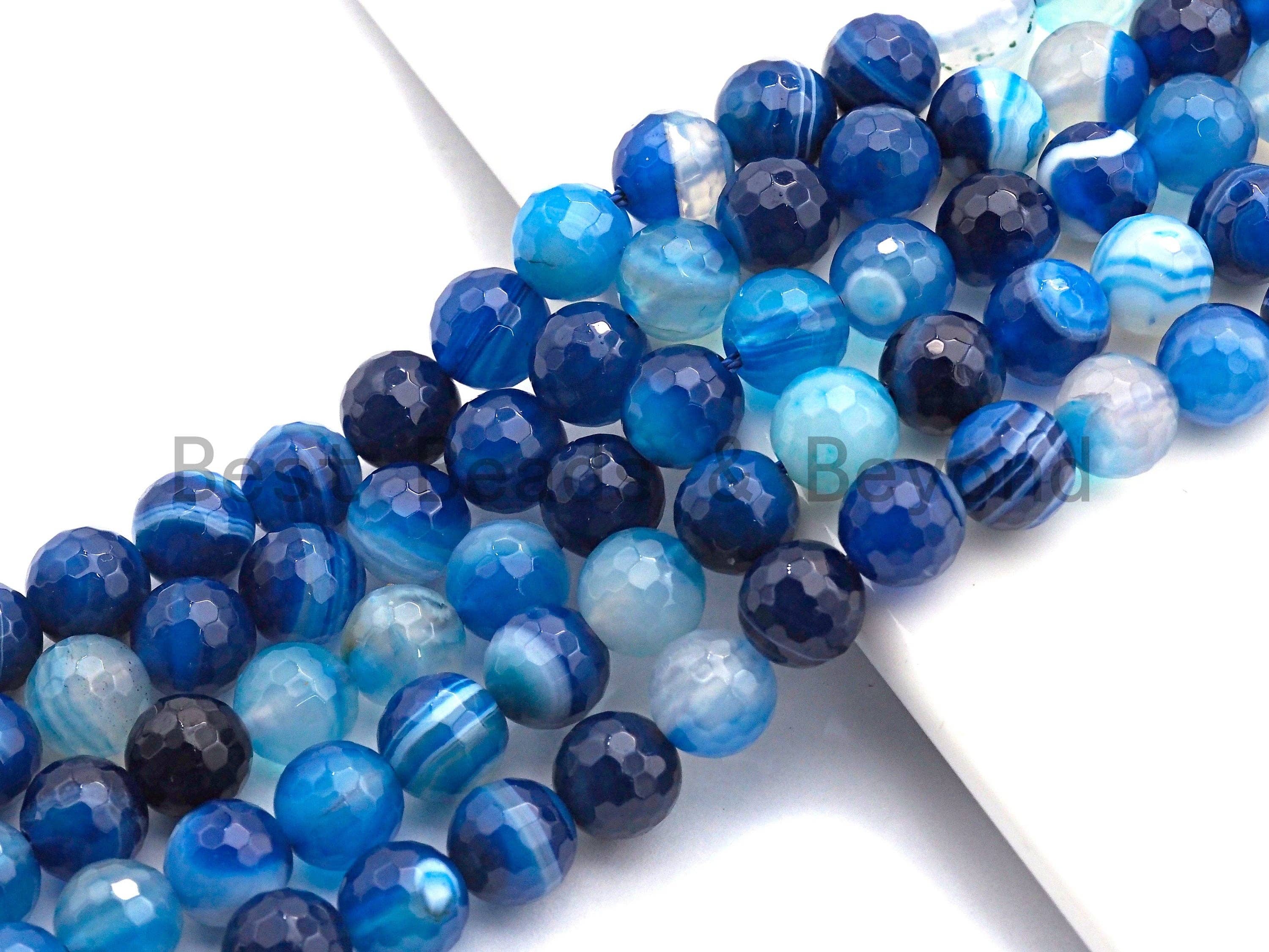 BestBeads&Beyond - Wholesale Beads - High Quality Faceted Blue Banded Agate beads, 6mm/8mm/10mm/12mm, Blue Agate Gemstone beads, Natural Agate Beads, 15.5inch strand, SKU#U4451