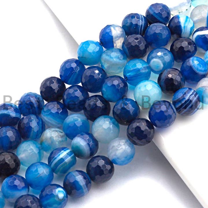 BestBeads&Beyond - Wholesale Beads - High Quality Faceted Blue Banded Agate beads, 6mm/8mm/10mm/12mm, Blue Agate Gemstone beads, Natural Agate Beads, 15.5inch strand, SKU#U4451
