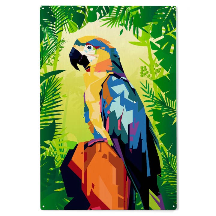 Lantern Press - Wholesale Wood Wall Art - WOOD SIGN ART Colorful Macaw in Jungle Scene Geometric2
