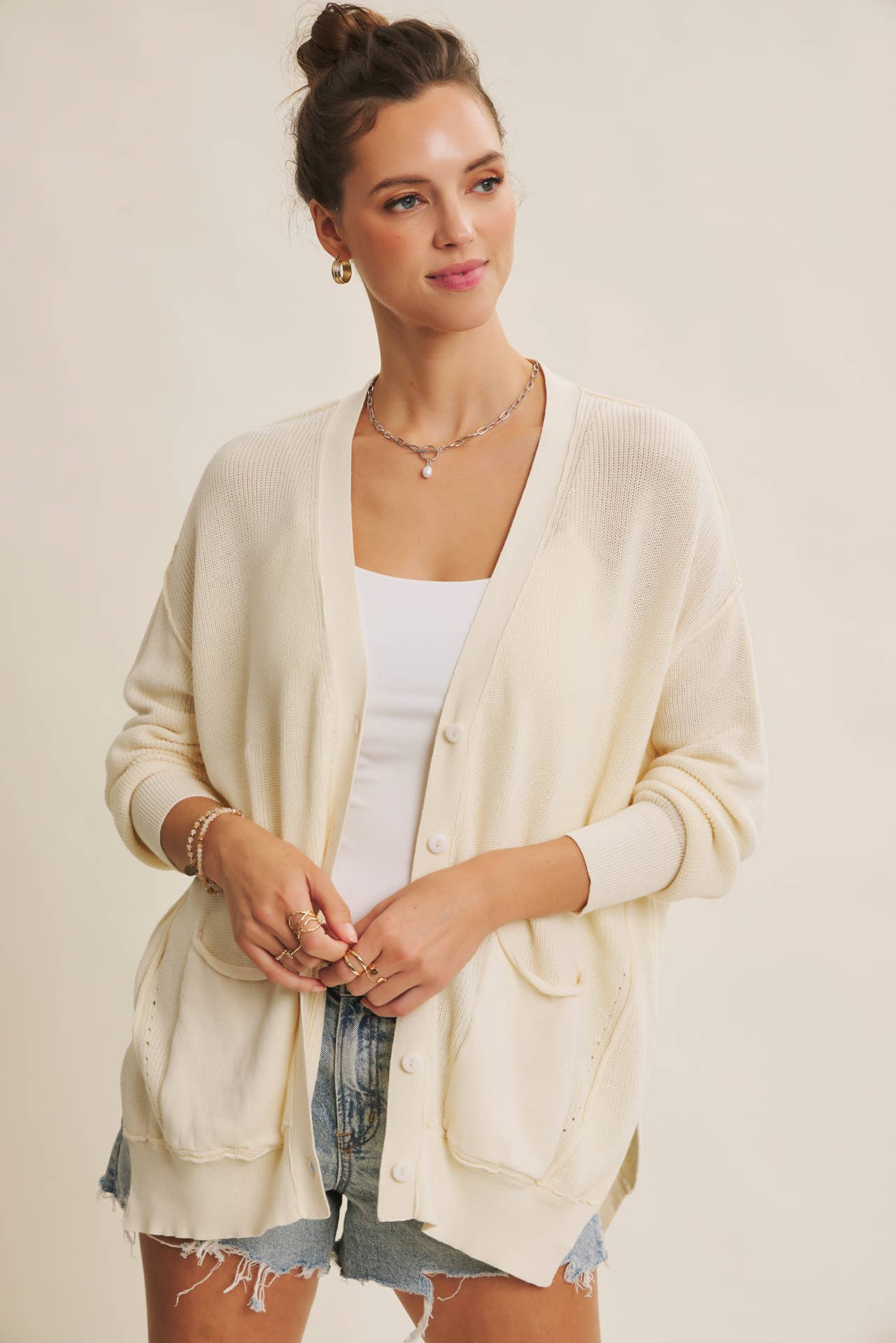 in february - Wholesale Cardigan - Women's - SLOUCHY CHARM BUTTON-DOWN CARDIGAN WITH CONTRAST WEAVE36