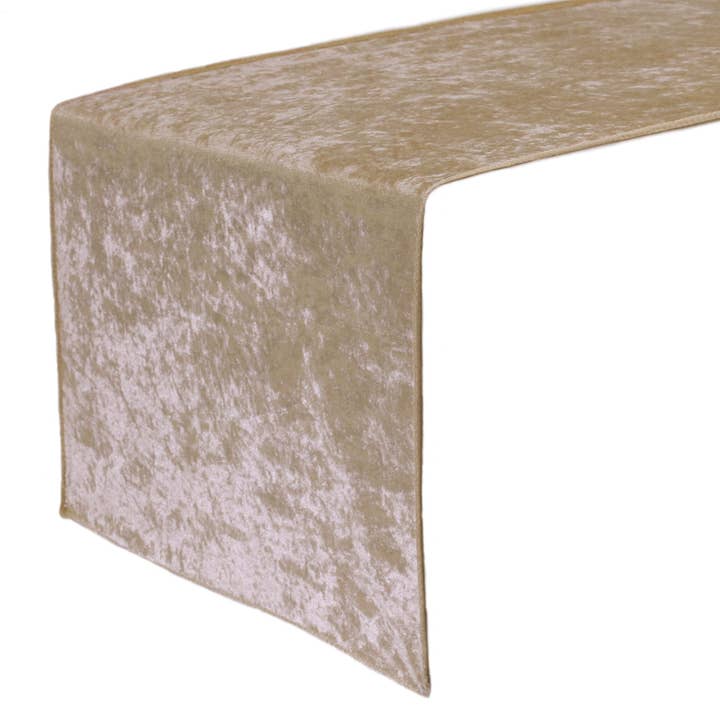 14 x 108 Inch Crushed Velvet Table Runner Champagne for wholesale by YOUR CHAIR COVERS
