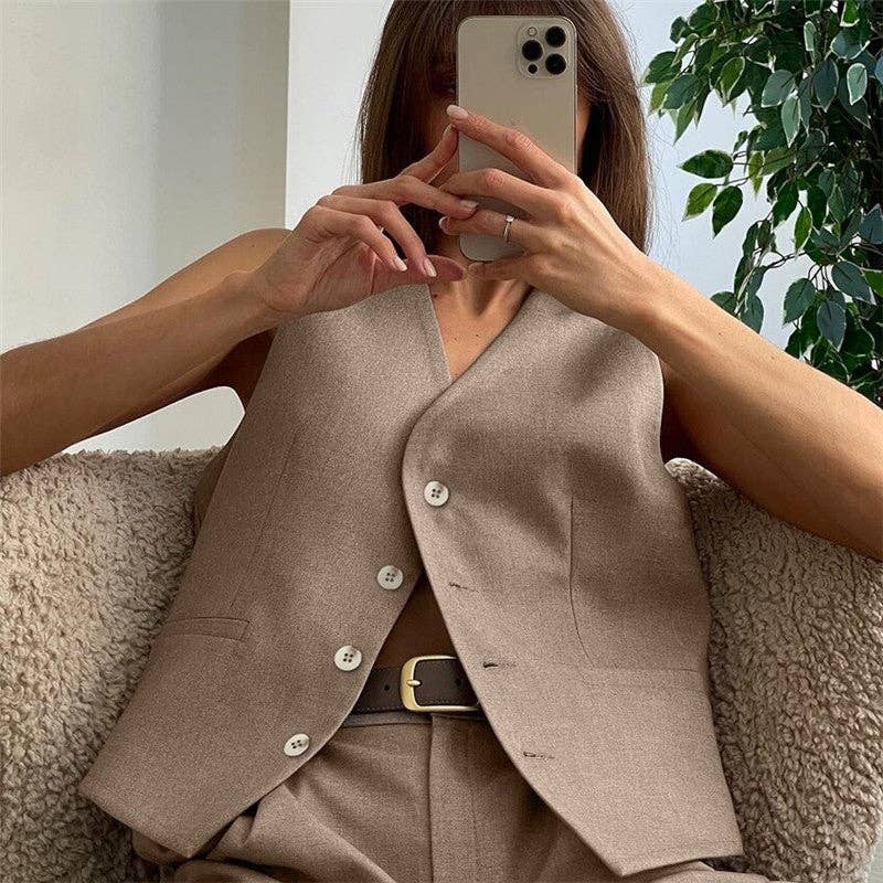 UZ Wholesale Store - Wholesale Kostuum - Dames - Effen gekleurd vest met V-hals en westernbroekpak met rechte pijpen2