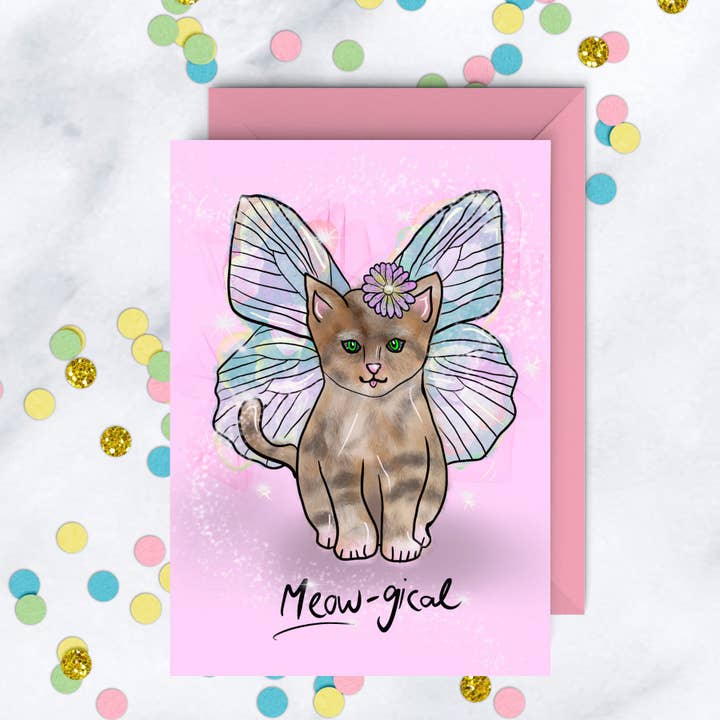 Cute Cat Greeting Card, Meow-gical Magical Kitten for wholesale by Just Daydreaming