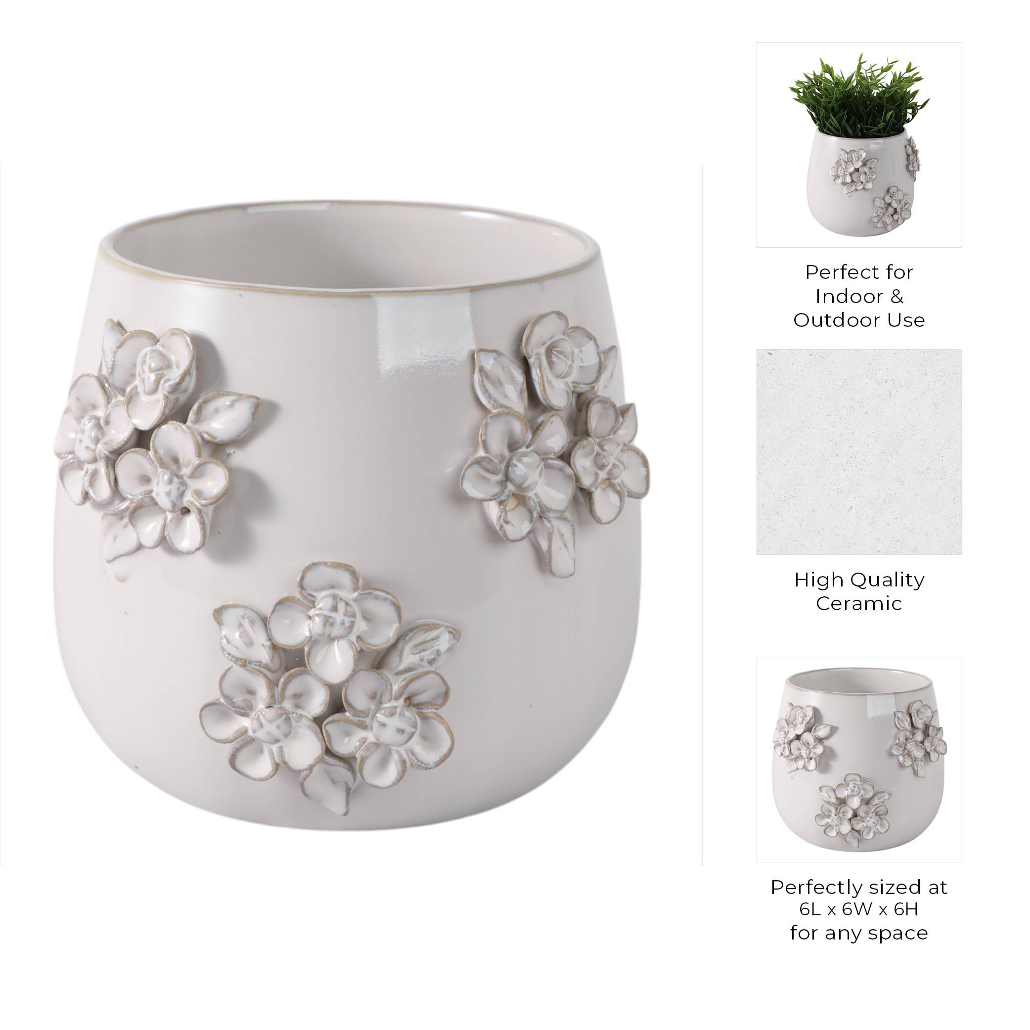 Sagebrook Home - Wholesale Plant Pot - Ceramic Flower Bunches Applique Planter - Ivory, 6 in.3