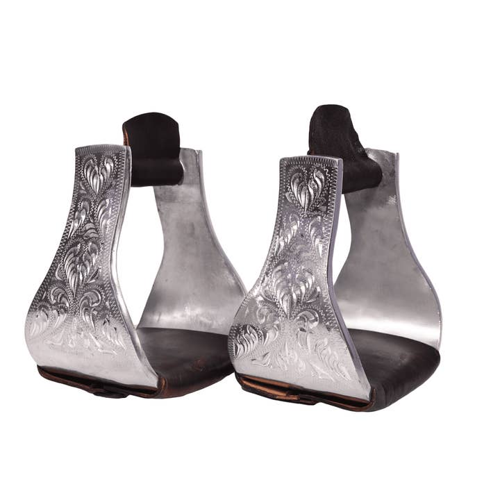Engraved Western Stirrups with Black Leather Tread for wholesale by Pro Classic Global