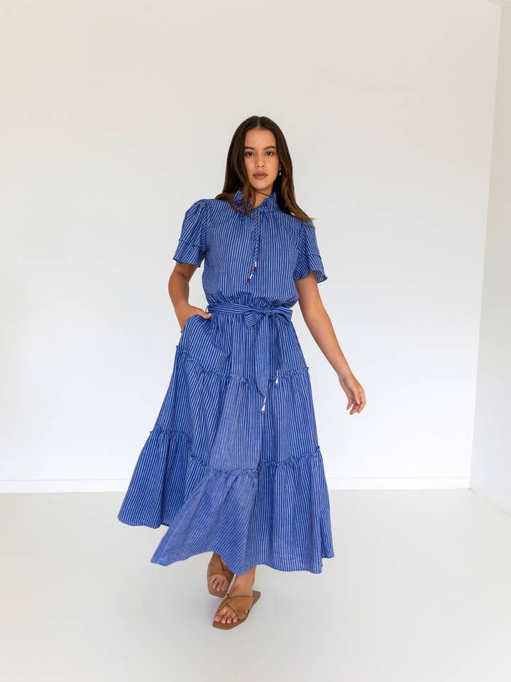 Kopal – wholesale Dress – Women's – Ranika Dress - Indigo Stripe Hand Spun Khadi
