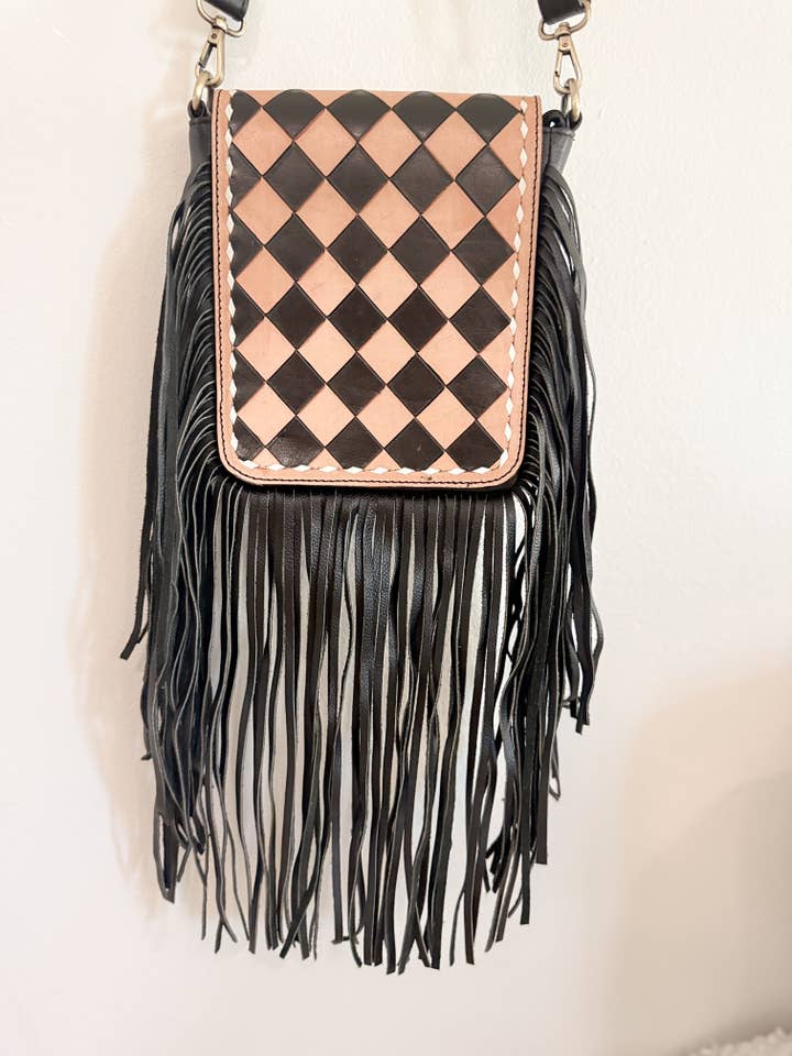 Checkmate Collection | Brown and Black Checkered Tooled Full Grain Leather Fringe Crossbody for wholesale by East Coast Carry