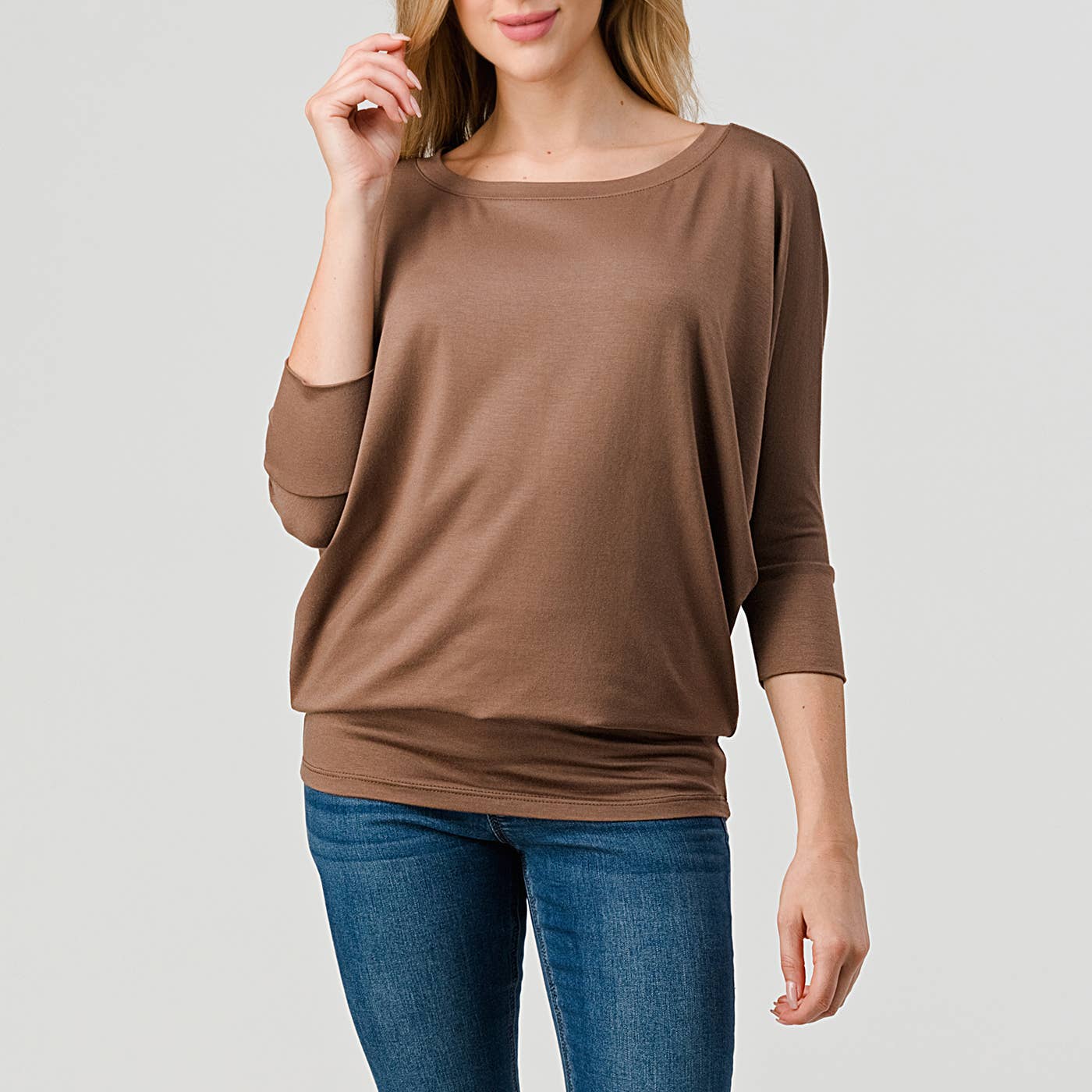 Heimious - Wholesale Knit Top - Women's - 3/4 Dolman Sleeve Round neck Modal Jersey  Top, 250318