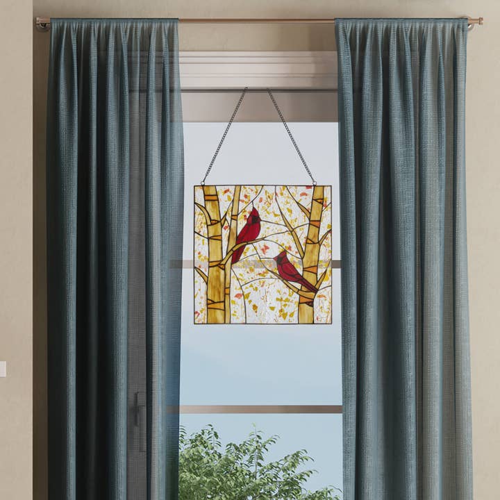 River of Goods - Wholesale Suncatcher - 14"H Eden Red Cardinals in Autumn Stained Glass Window Panel