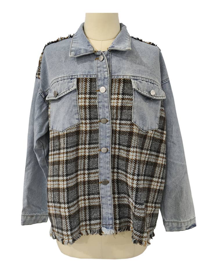 Denim Panelled Tartan Long-Sleeved Jacket for wholesale by HIDDENBRAND