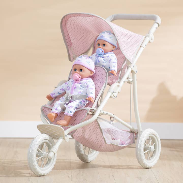 Pink Grey Polka Dots Princess Baby Doll Twin Jogging Stroller-Pink for wholesale on Faire