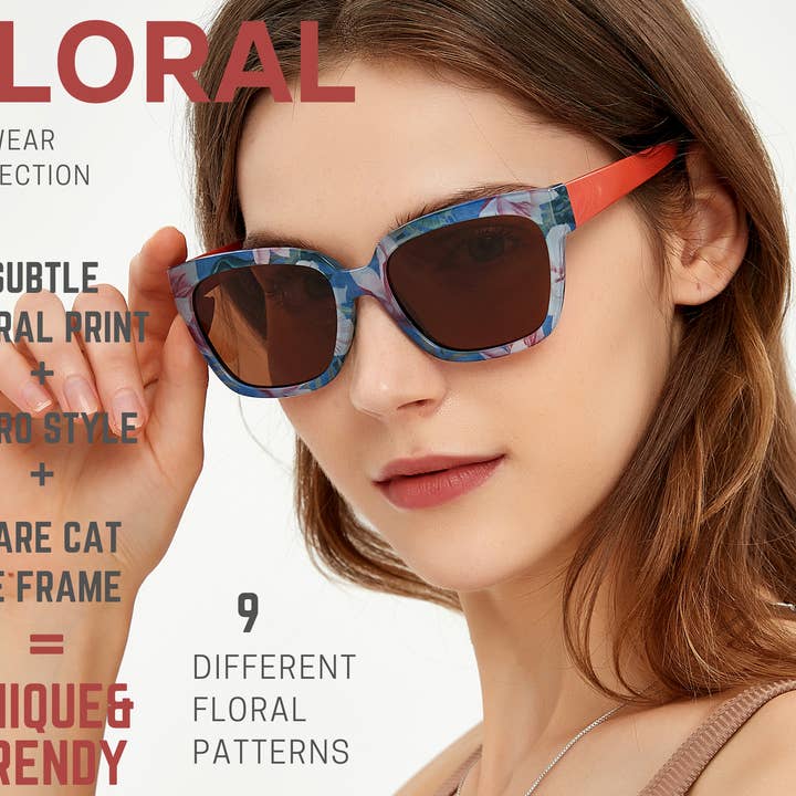 Leafael LLC - Wholesale Sunglasses - Women's - Sunglasses Womens Trendy Retro Purple Floral Design | Polarized UV Protection | Square Cat Eye Frame | Casual & Active19