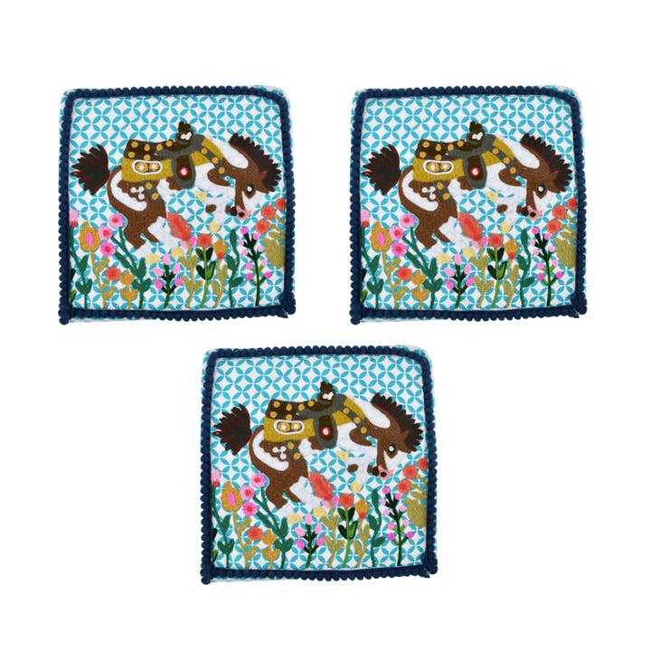 3ABPH1226_TLBL Set/3 BUCKING HORSE POT HOLDER 8x8" for wholesale by Karma Living