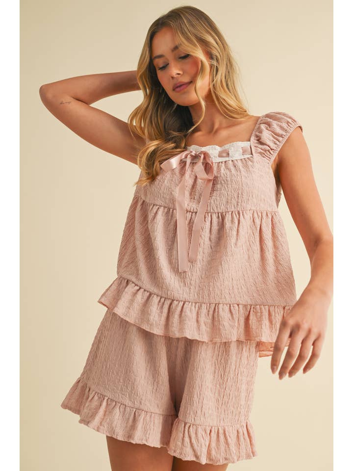 Klesis - Wholesale Lounge Set - Women's - IST5888 CONTRAST RIBBON RUFFLED HEM TOP AND SHORTS SET3