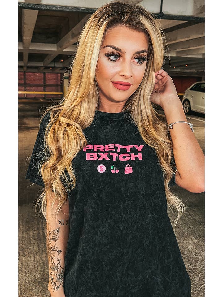 Pretty Bxtch Stonewashed Black T-Shirt for wholesale on Faire