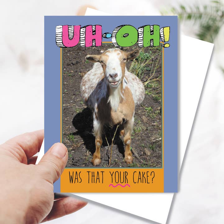 Goat Greeting Birthday Card / Uh-Oh Your Cake? / Funny for wholesale by Horse Hollow Press