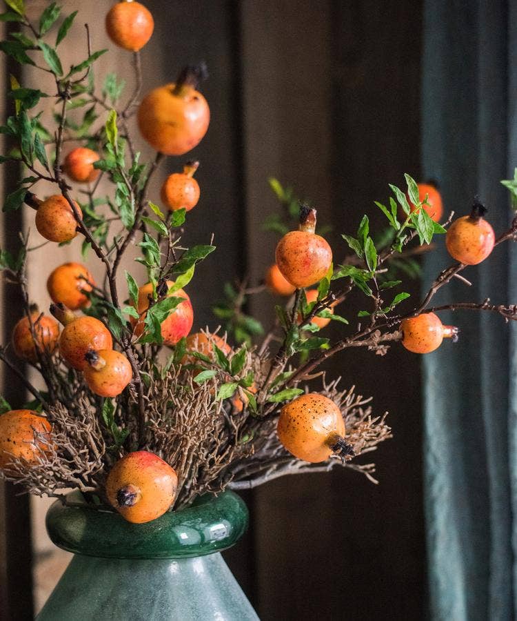 Rustic Reach - Wholesale Artificial Plant - Artificial Fruit Yellow Orange Pomegranate Fruit Stem 36" Ta3