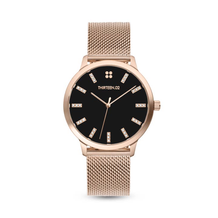 1302 Watch Co. - Wholesale Wrist watch – Women's - Women's 38mm Watch: Rose Gold Case with Black Dial & Stones1