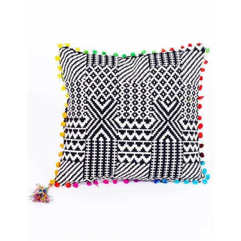 Kimago's Home - Wholesale Throw Pillow Cover - Black and White Printed Cushion Cover with Pompoms1