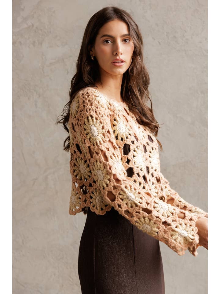 STORIA - Wholesale Knit Sweater - Women's - JT4104-1-CROCHET FLOWER LONG SLEEVE CROP TOP4
