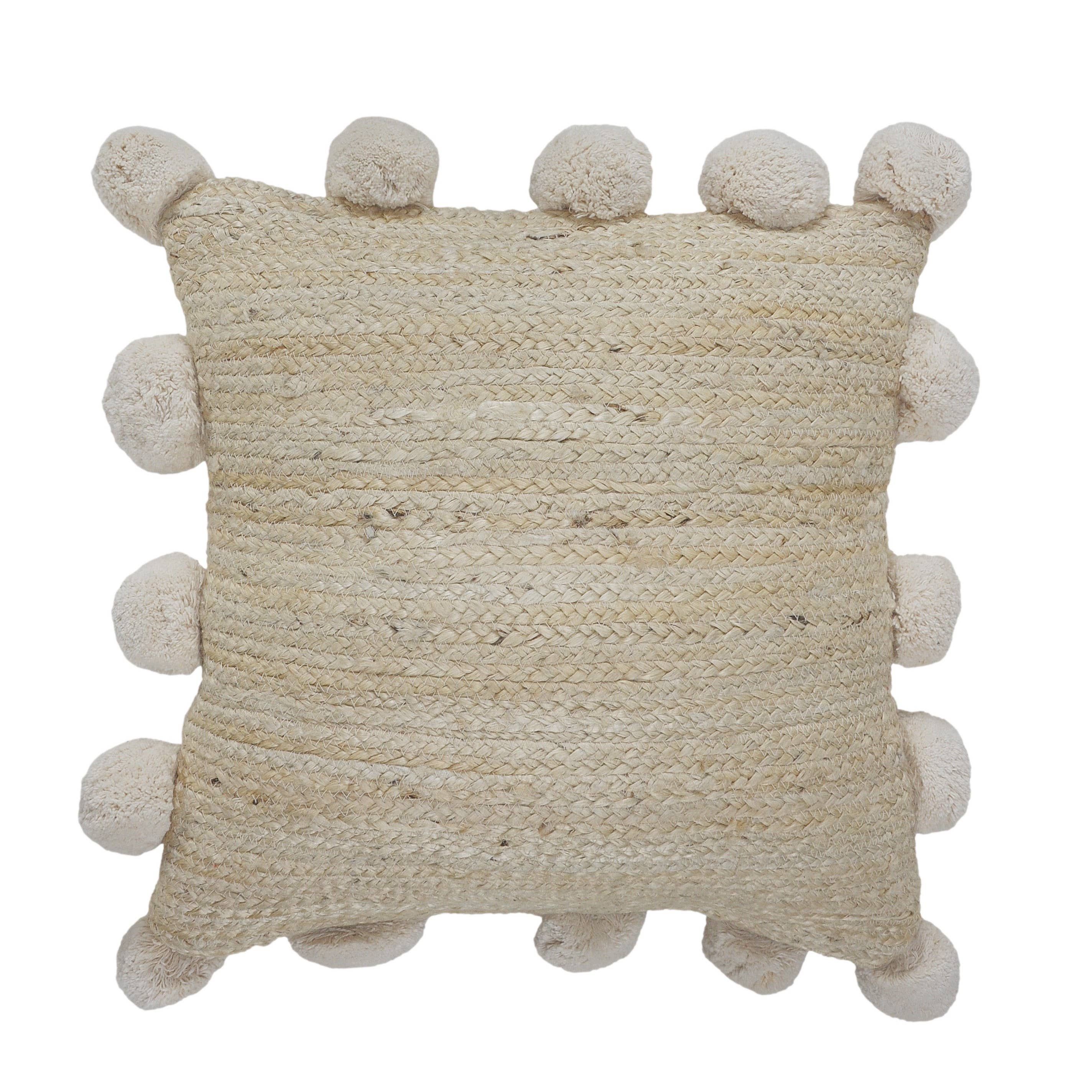 Tan Jute Accent Pillow with Pom-Pom Edging – Square or Round for wholesale on Faire0