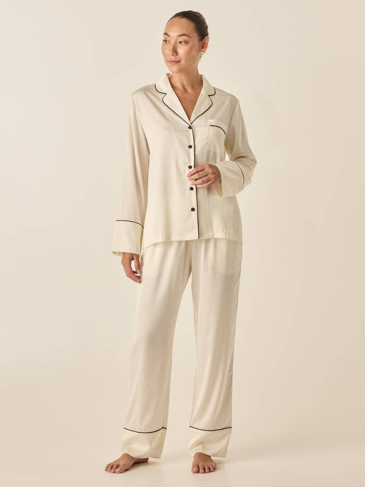 Conjunto largo de pijama de satén reciclado - Whitney marfil para venta al por mayor de Gingerlilly