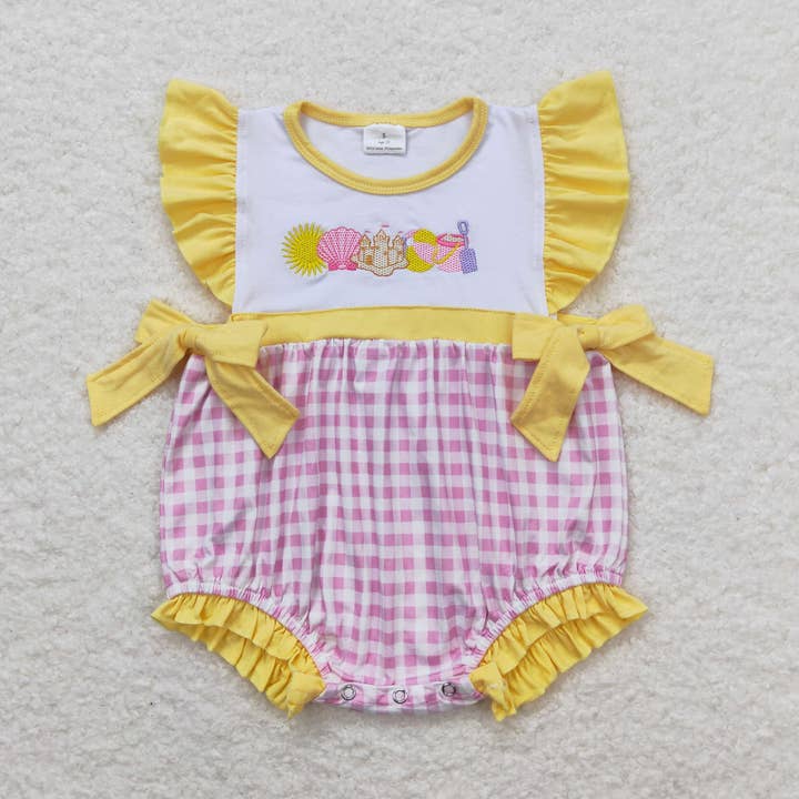 Barboteuse Beach Play à manches courtes avec nœud pour bébés et filles pour la vente par Aier Wholesale