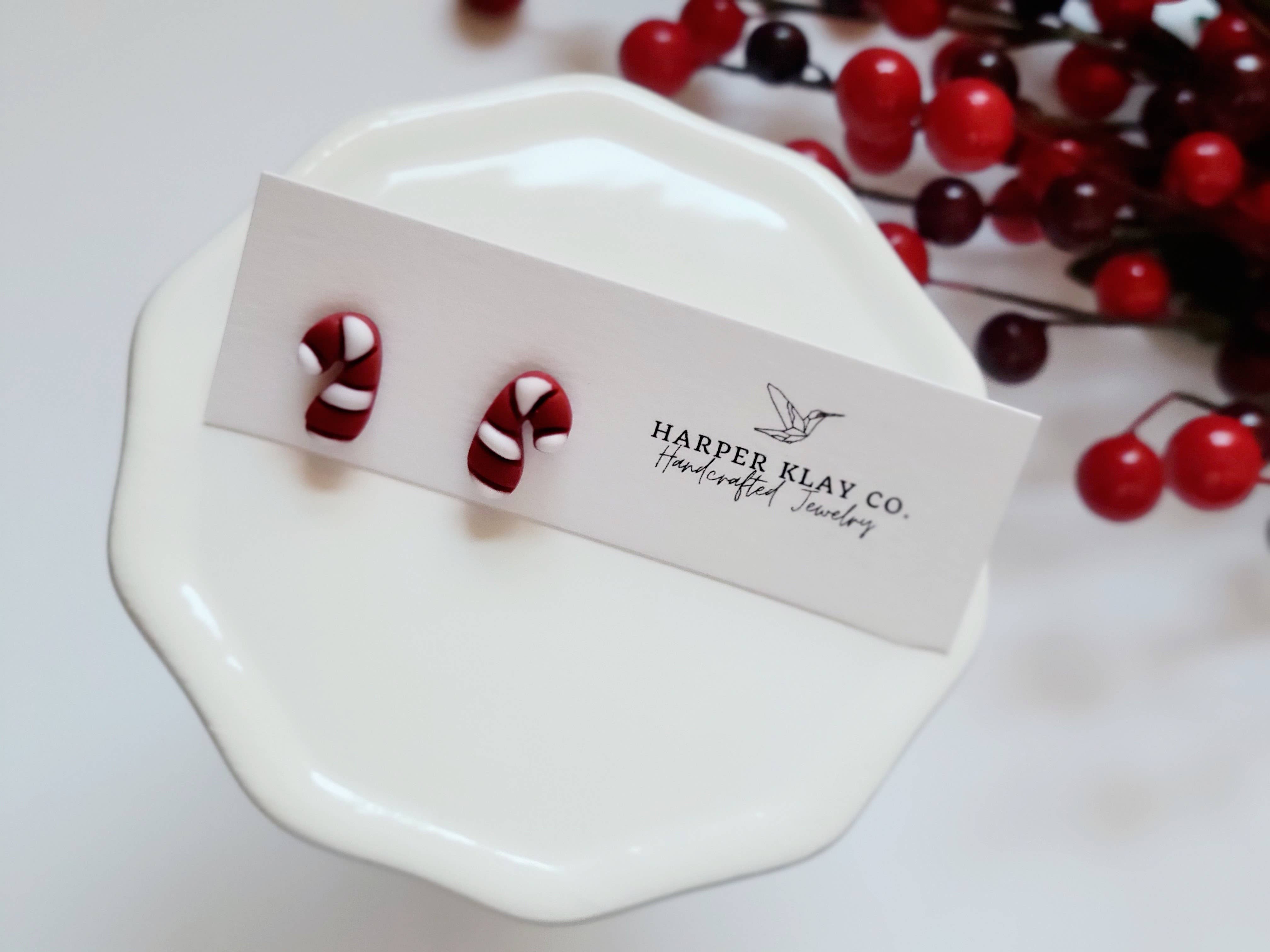 Harper Klay Co - Wholesale Stud/Post Earrings - The Candy Cane Studs- Christmas Polymer Clay Earrings 1