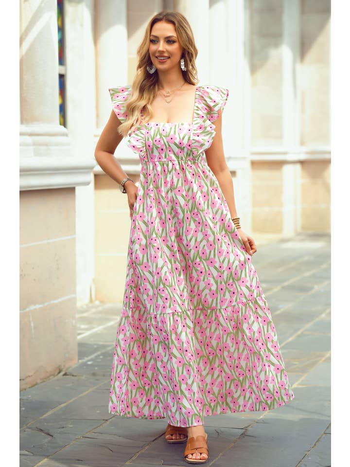 1 the Woman - Wholesale Dress - Women's - Floral Print Square Neck Ruffled Strap Maxi Dress5