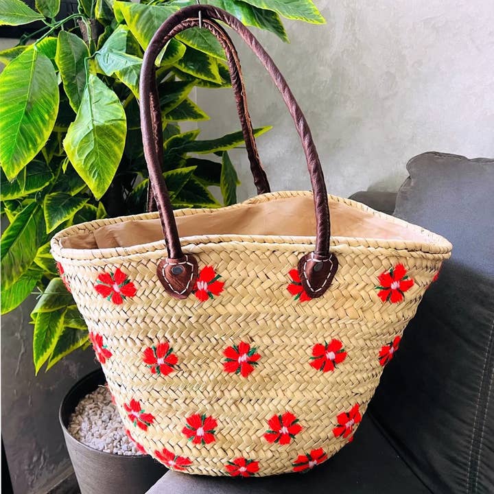 Natural French Basket Handle leather, STRAW BAG Handmade for wholesale by Moroccan Natural bazaar