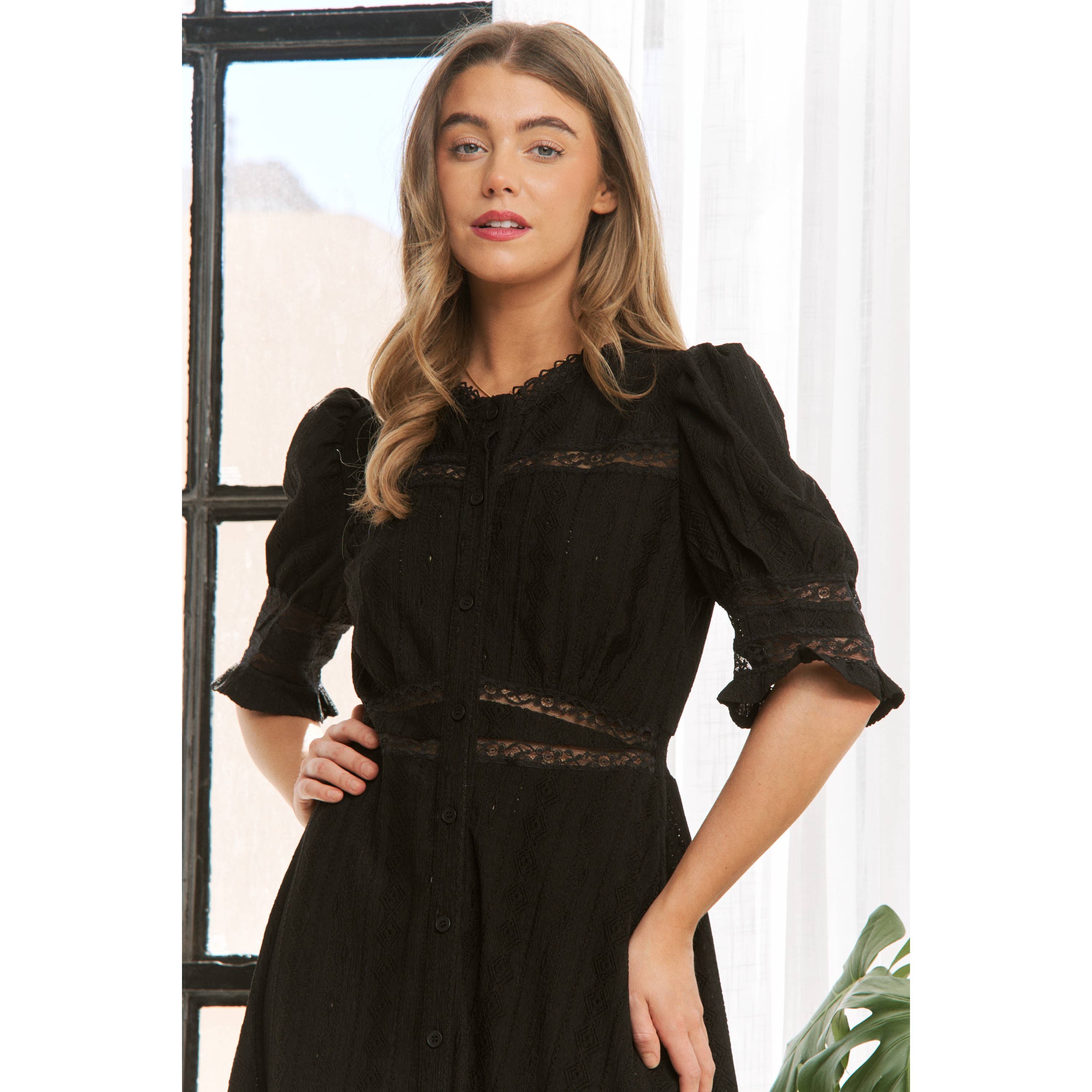 Sweet Generis - Wholesale Dress - Women's - CHIC WOVEN MAXI BUTTON DOWN SHIRT DRESS WITH TRIM LACE DETAI3