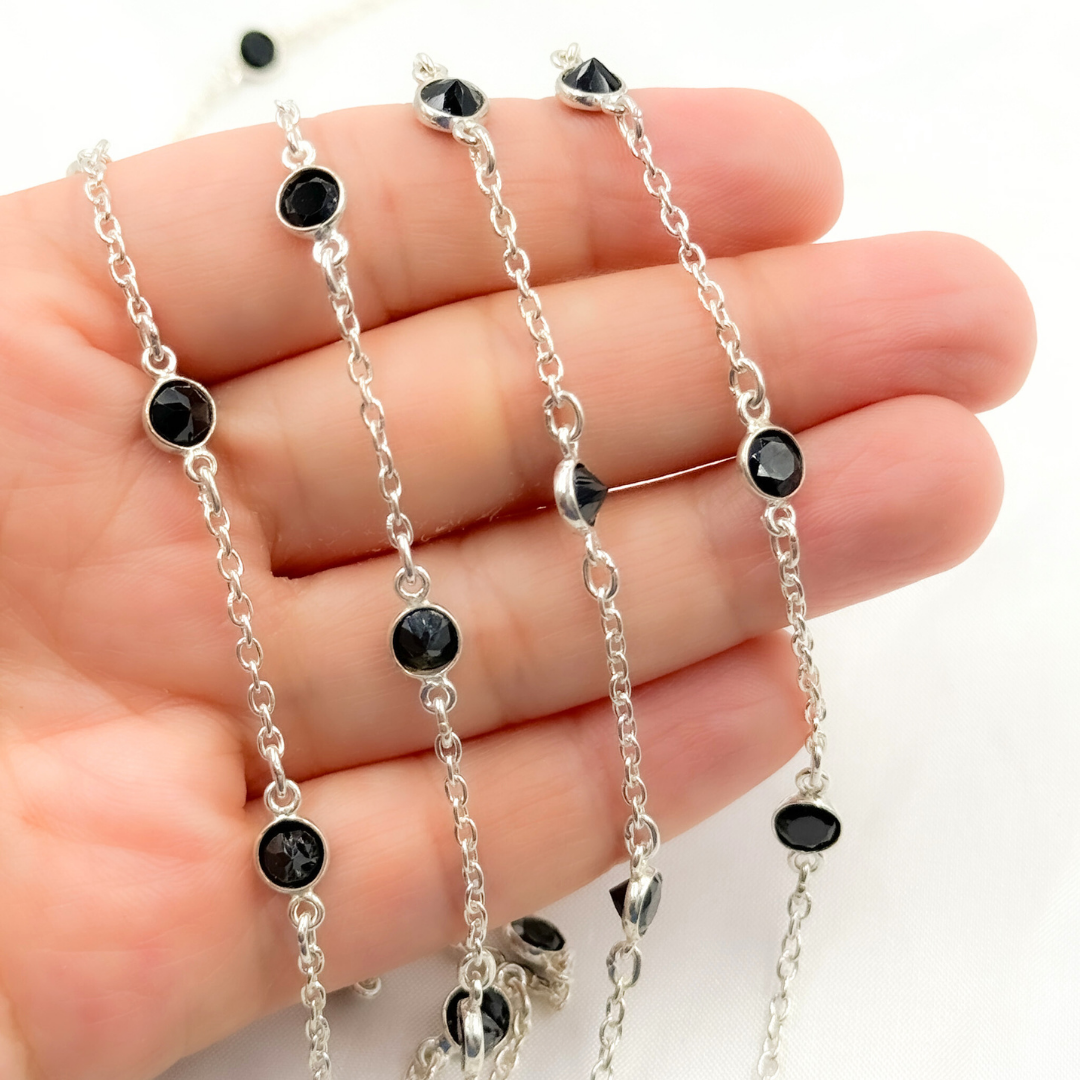 Tresor Jewelry Inc. - Wholesale Link & Chain Necklace - Black Spinel Round Shape Bezel 925 Sterling Silver Connected Wire Chain. BSP131