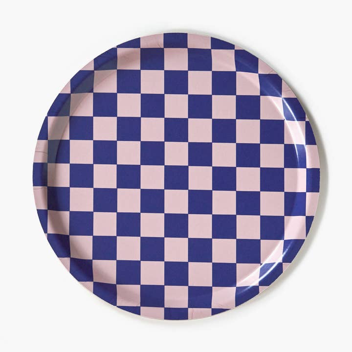 BLU KAT – wholesale Serveringsfat – CHECKER rund serveringsbricka i indigo/mandel - 31 cm0