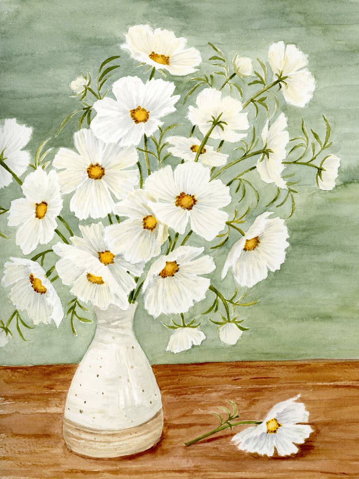 Hvidt kosmos stilleben - Akvareltryk for engroshandel hos Shealeen Louise