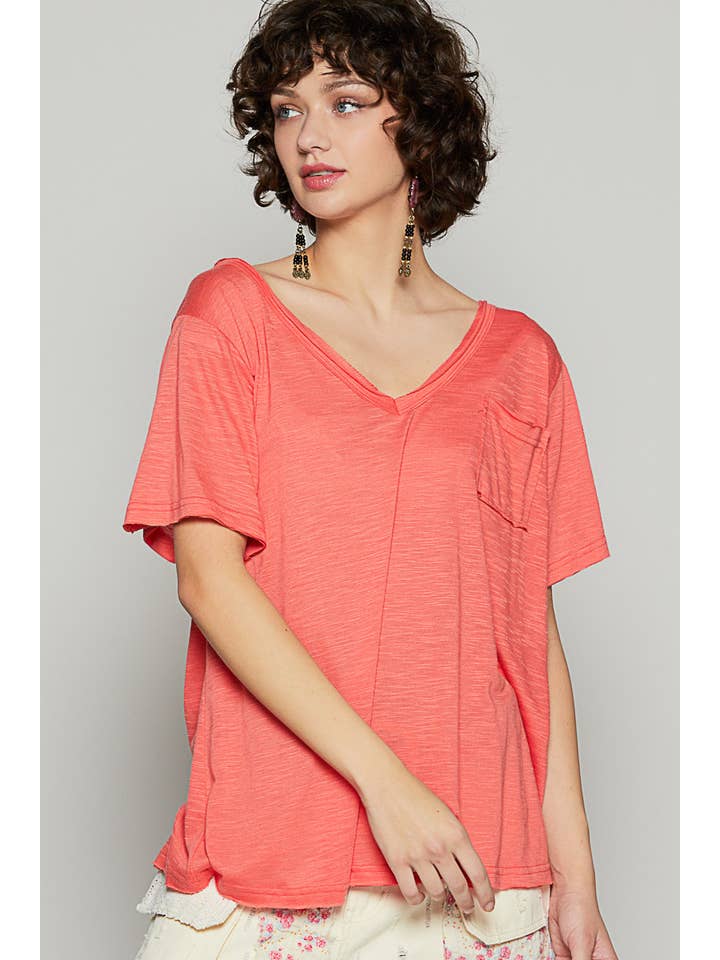 Pol Clothing - Wholesale Tunic - Women's - V-neck short sleeve casual knit chest pocket slub tee SALE