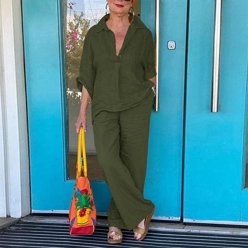 HIDDENBRAND - Wholesale Top & Pant Set (NOT Loungewear) - Women's - 3/4 sleeve shirt top wide-leg pants set3