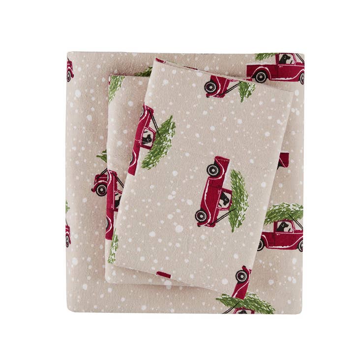 Olliix - Wholesale Sheet Set - Cotton Flannel Winter Sheet Set, Christmas Trucks