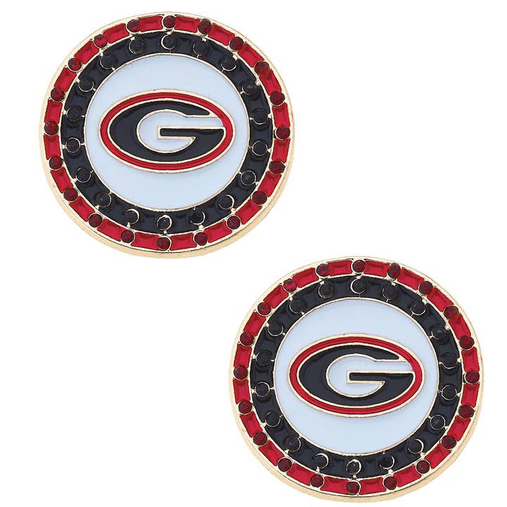 Georgia Bulldogs Pave Disc Stud Earrings in Red/Black/White for wholesale by Canvas Style