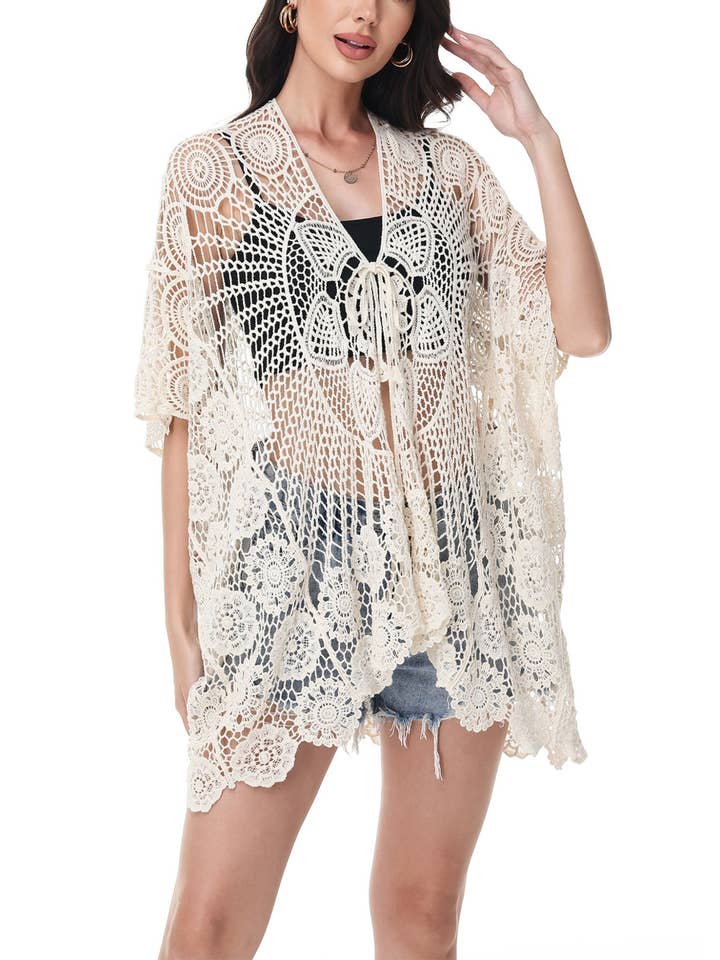 Open Front Crochet Cover-Up with Floral Pattern and Short Sl for wholesale by Anna Kaci Wholesale