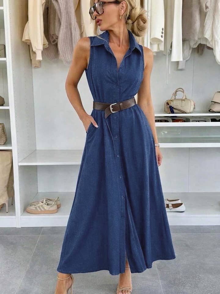 Gabi Sleeveless Pocket Belted Maxi Shirt Dress-Navy for wholesale by Catwalk Wholesale