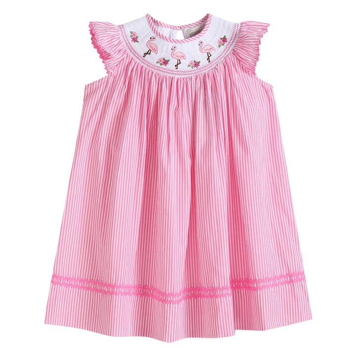 Pink Striped Flamingo Smocked Bishop Dress for wholesale by Lil Cactus