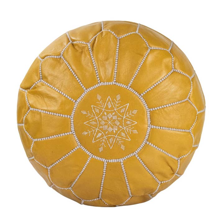 Moroccan Leather Pouf, Handmade Leather Pouf, Mustard Pouf. for wholesale by HandHappiness