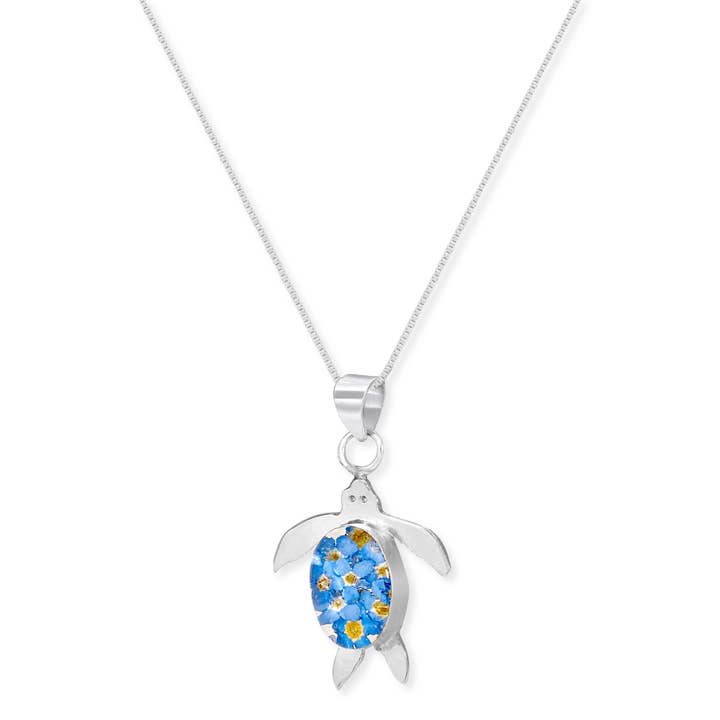 Silver Pendant Necklace - Forget-Me-Not - Turtle. for wholesale by Shrieking Violet